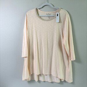 Chicos Metallic Neck Trim Top Size 3 US XL Cream Clamshell 3/4 Sleeve NWT